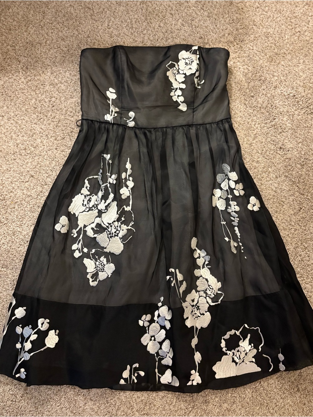 White House Black Market Sheer Strapless Dress with Floral Embroidery, Size 10
